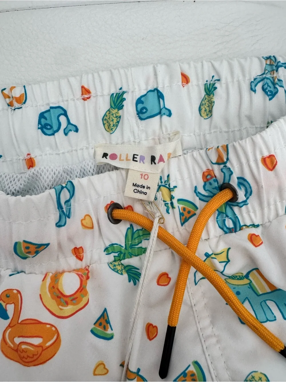 Roller Rabbit Kids' White Swim Shorts with Colorful Beach Animal Print size 10